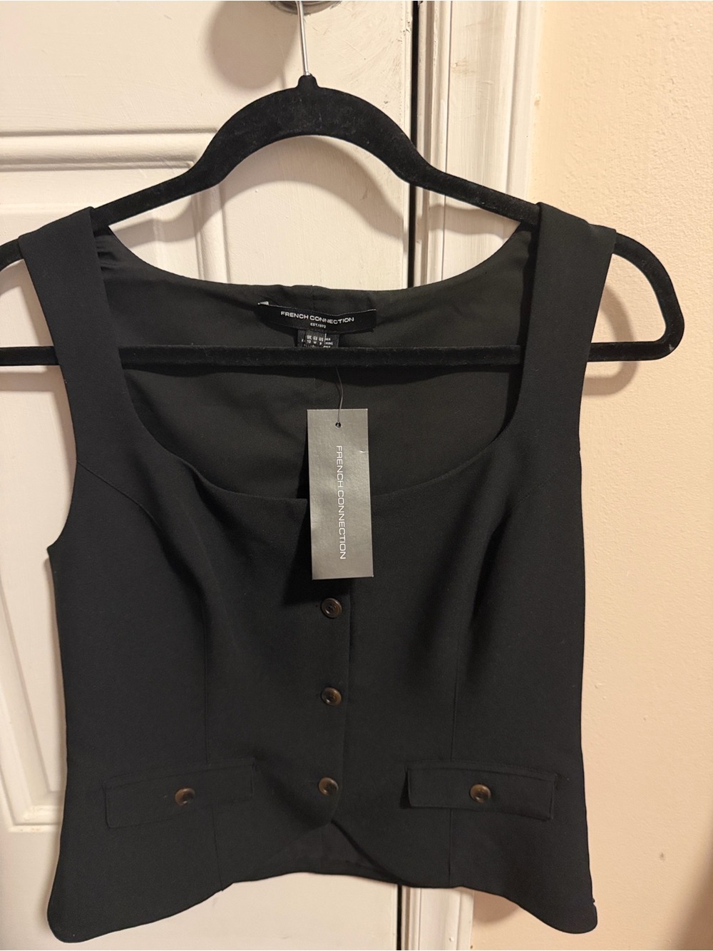 French Connection Black Sleeveless Button-Front Mini Dress Top